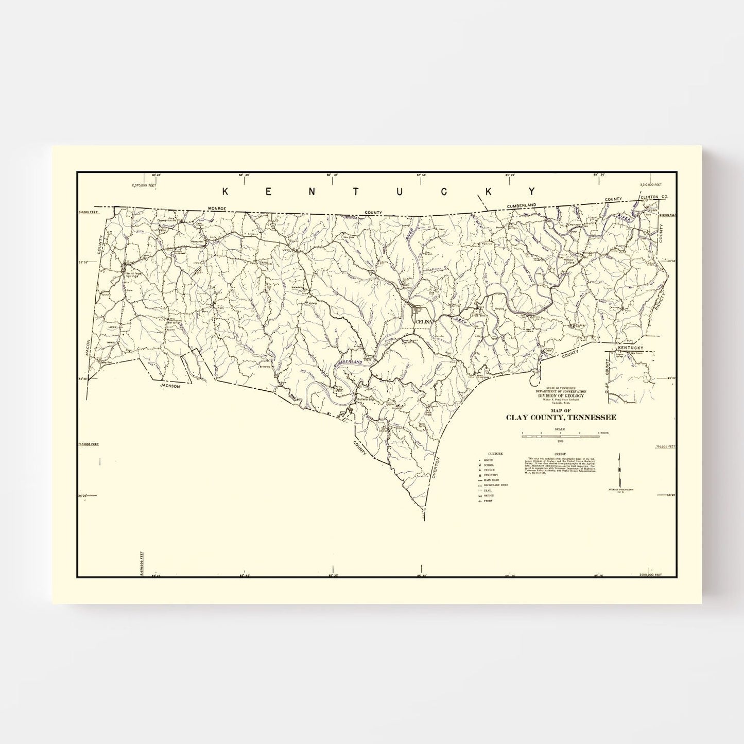 Vintage Map of Clay County, Tennessee, 1938