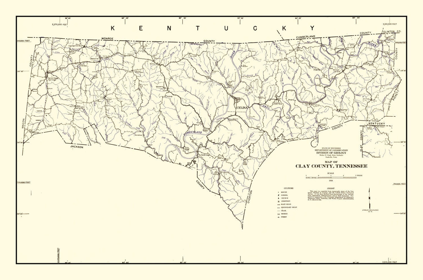 Vintage Map of Clay County, Tennessee, 1938