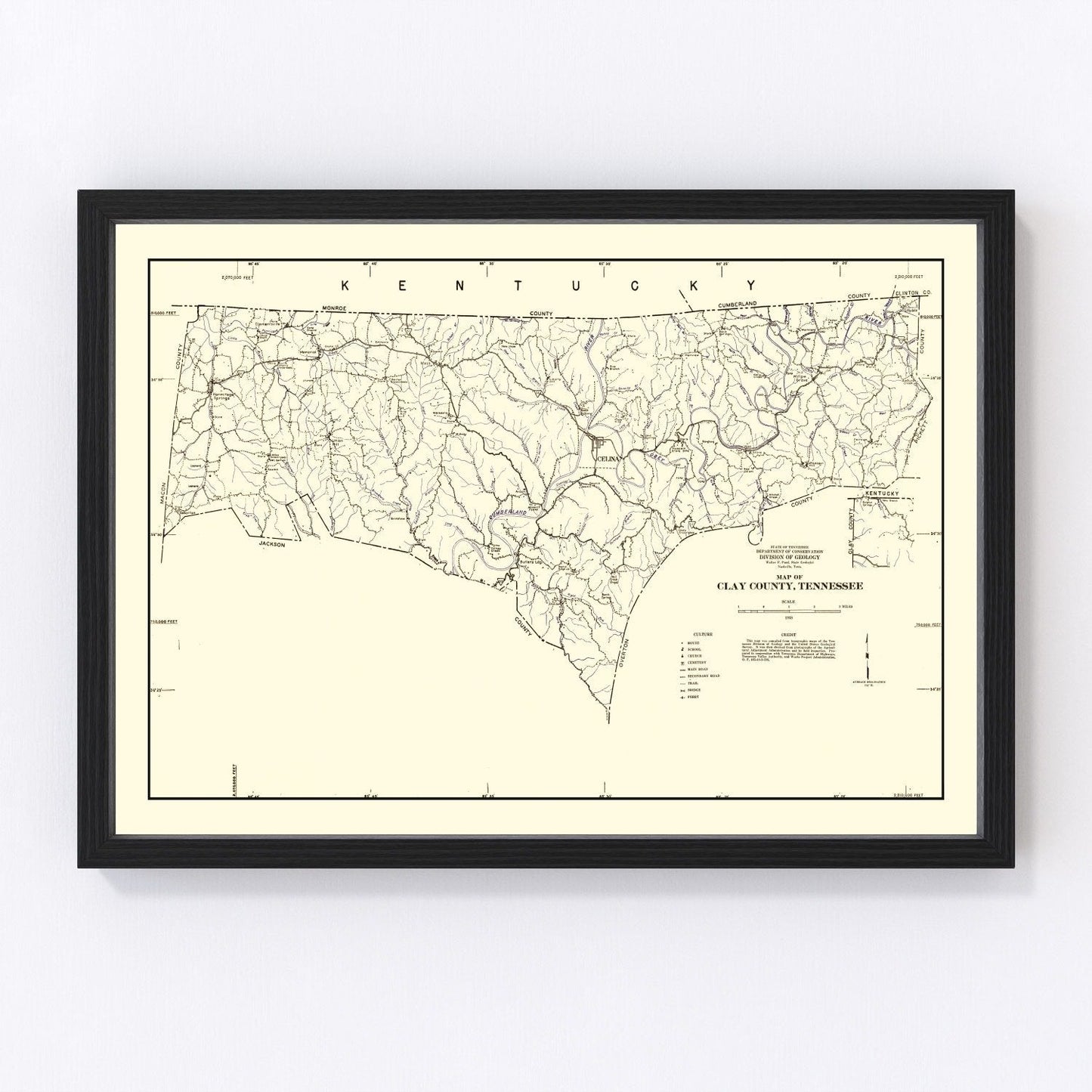 vintage map of Clay County, Tennessee, 1938