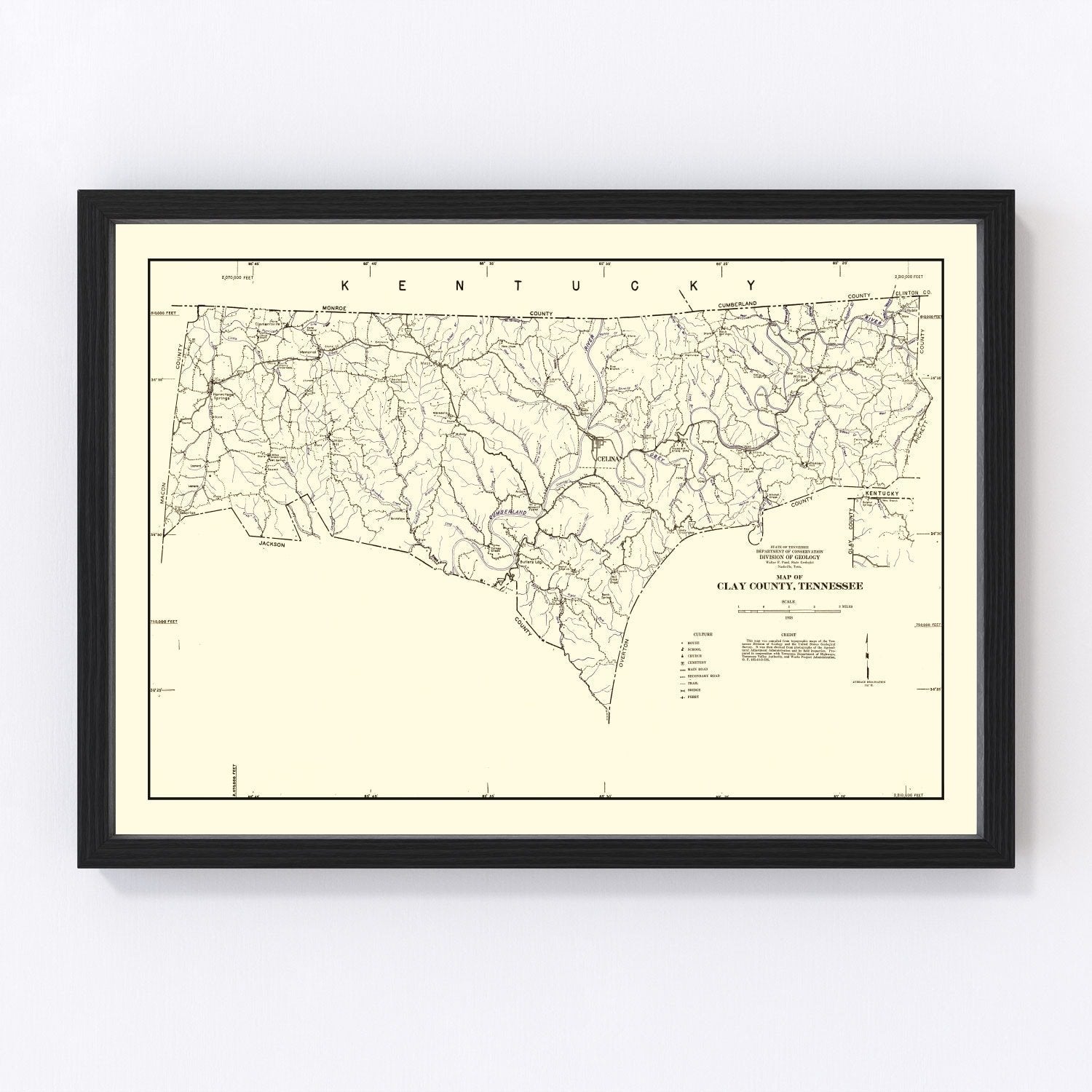 vintage map of Clay County, Tennessee, 1938