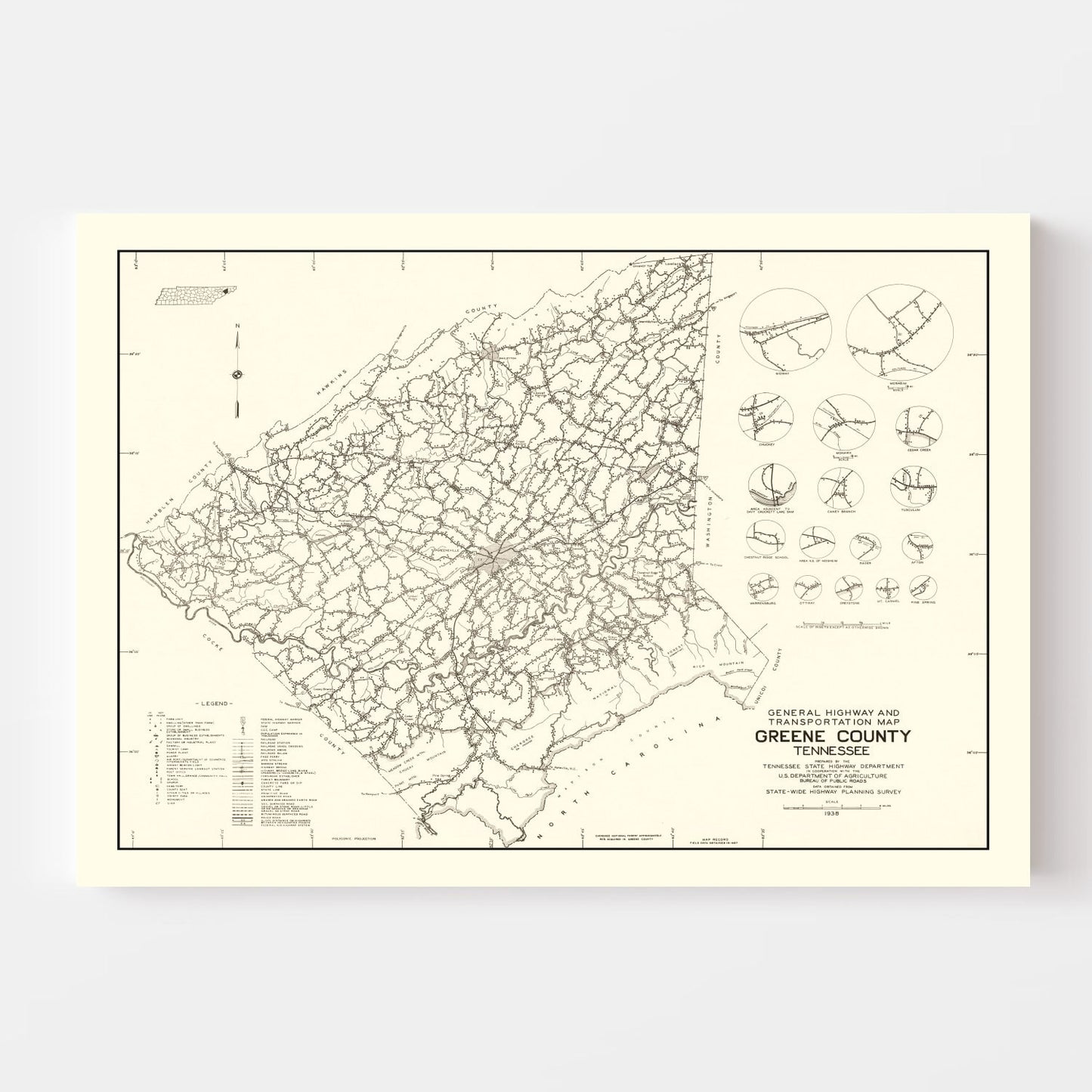 Vintage Map of Greene County, Tennessee, 1938