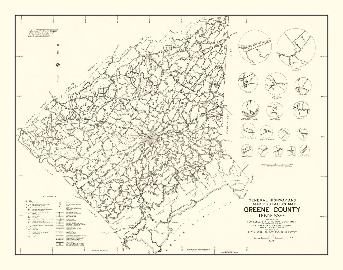 Vintage Map of Greene County, Tennessee, 1938