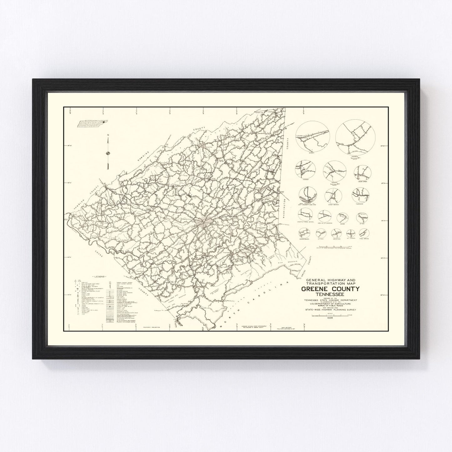 vintage map of Greene County, Tennessee, 1938