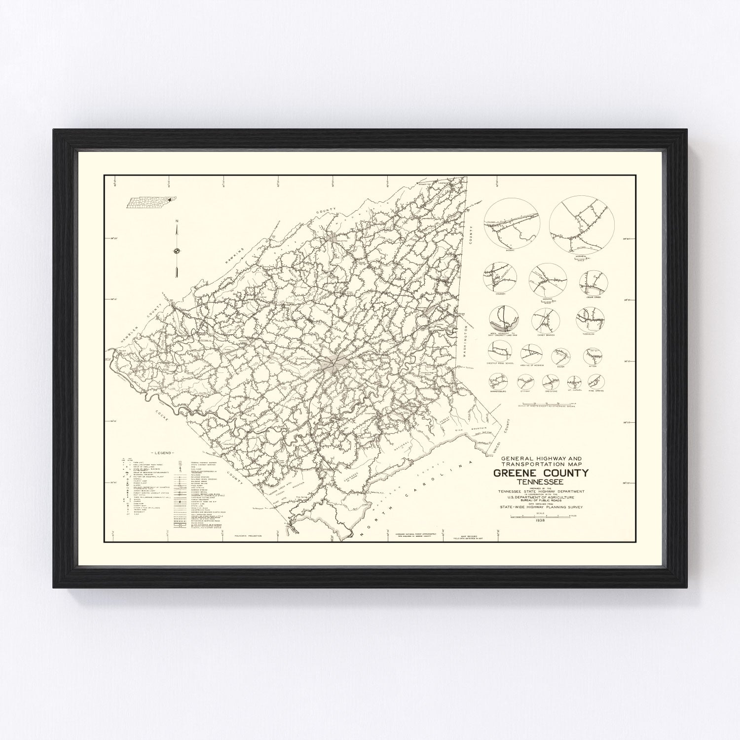 vintage map of Greene County, Tennessee, 1938