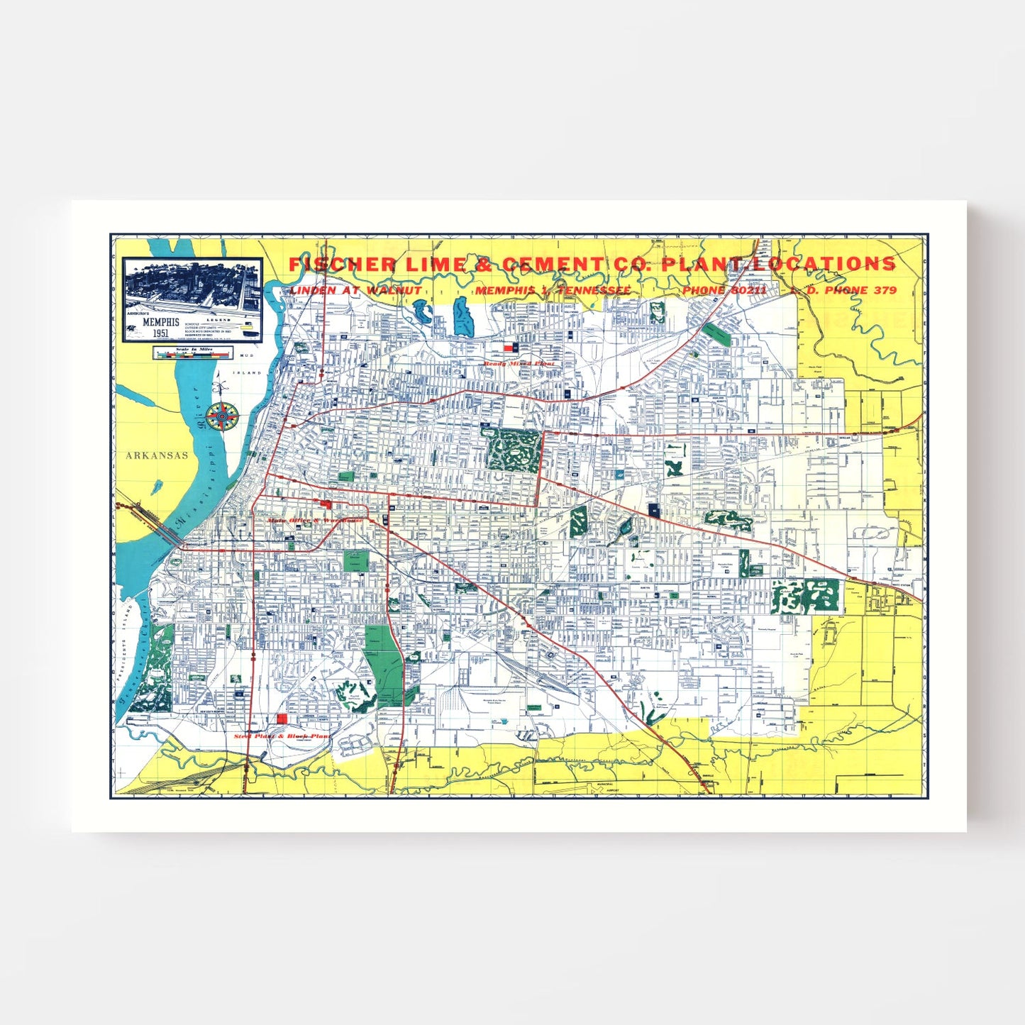 Vintage Map of Memphis, Tennessee, 1951