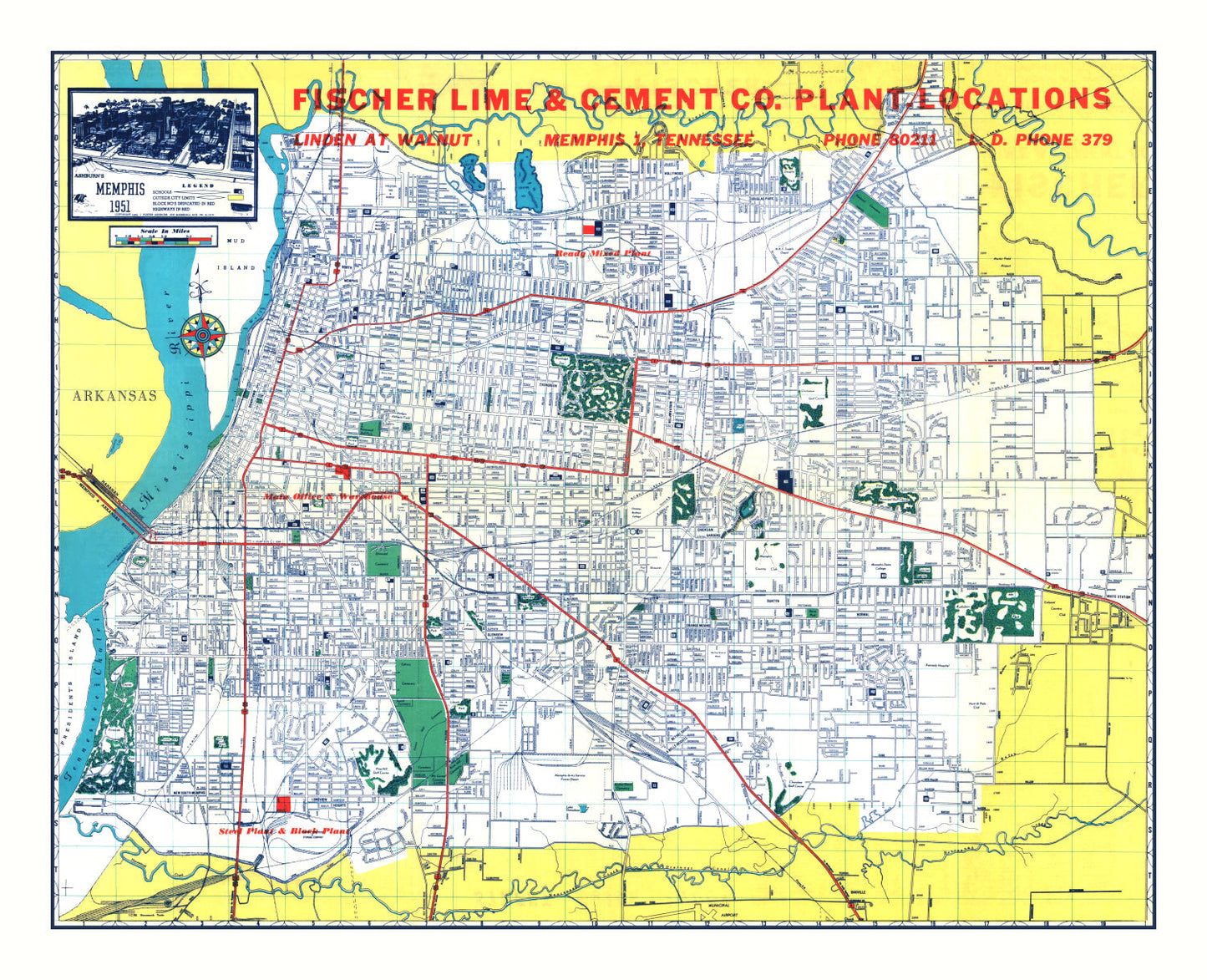 Vintage Map of Memphis, Tennessee, 1951