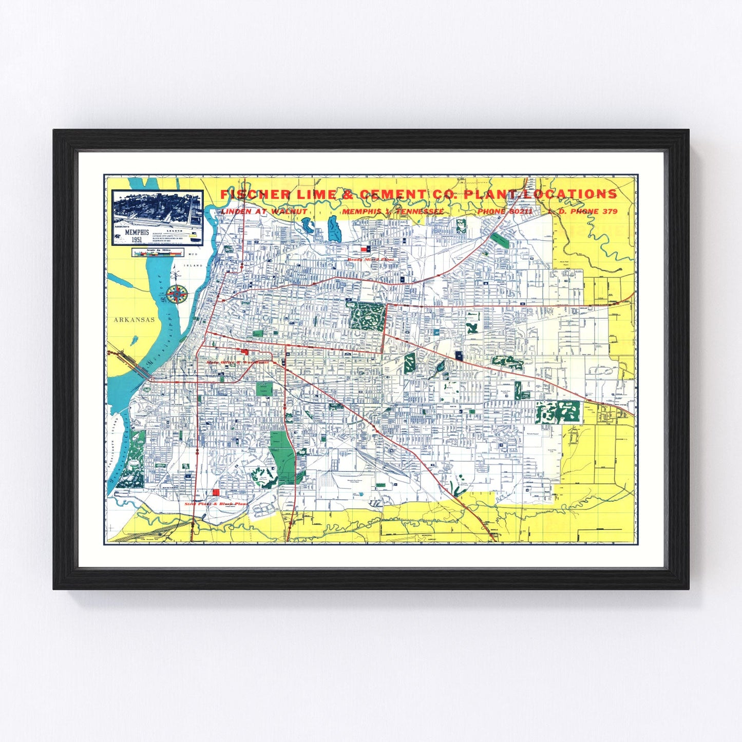 Vintage map of Memphis, Tennessee, 1951