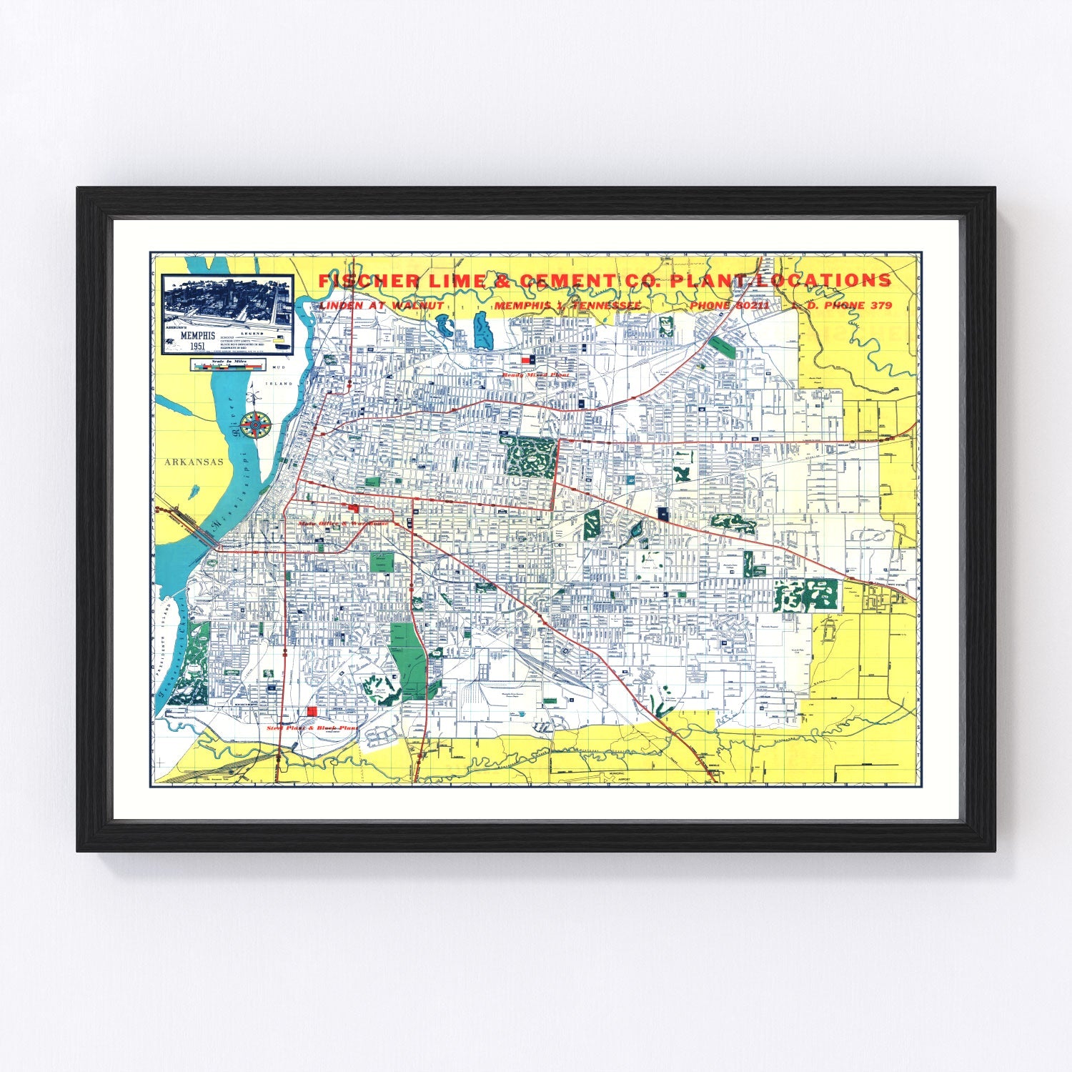 Vintage map of Memphis, Tennessee, 1951
