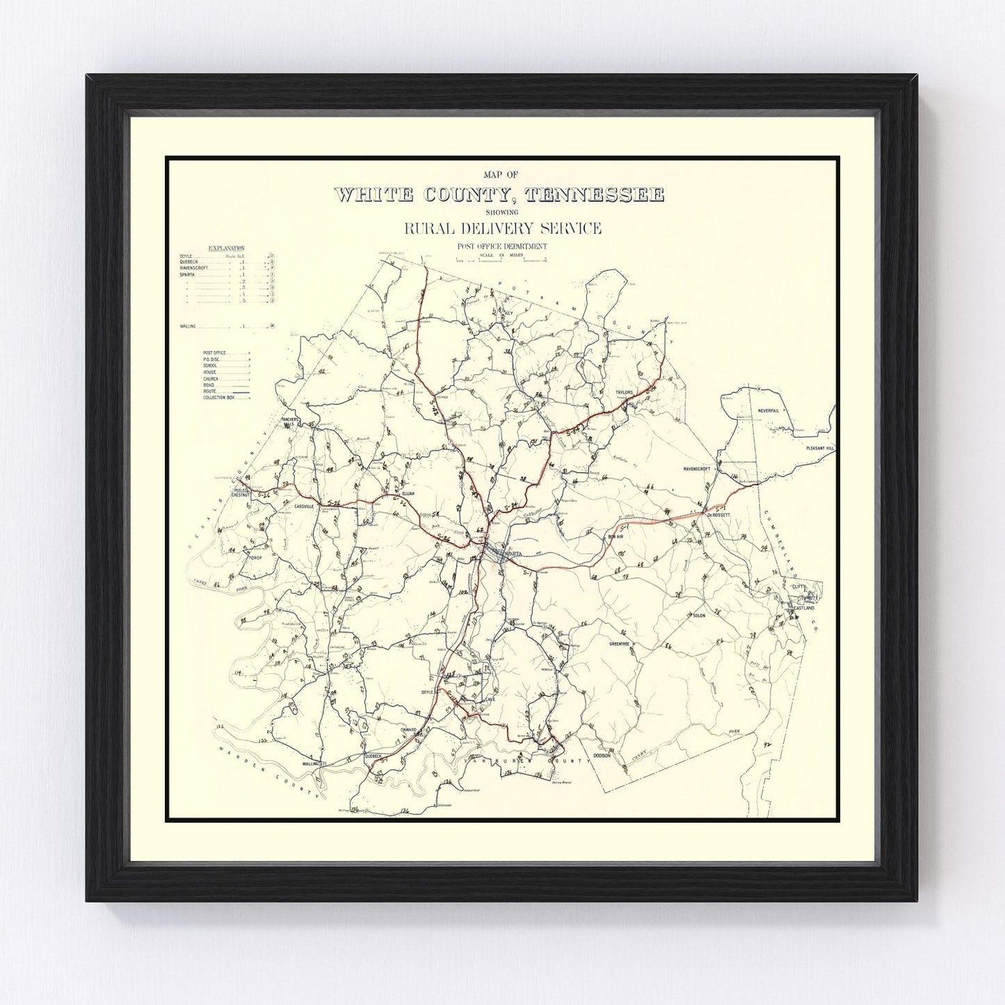 Vintage map of White County, Tennessee, 1936 - Sparta area restored print