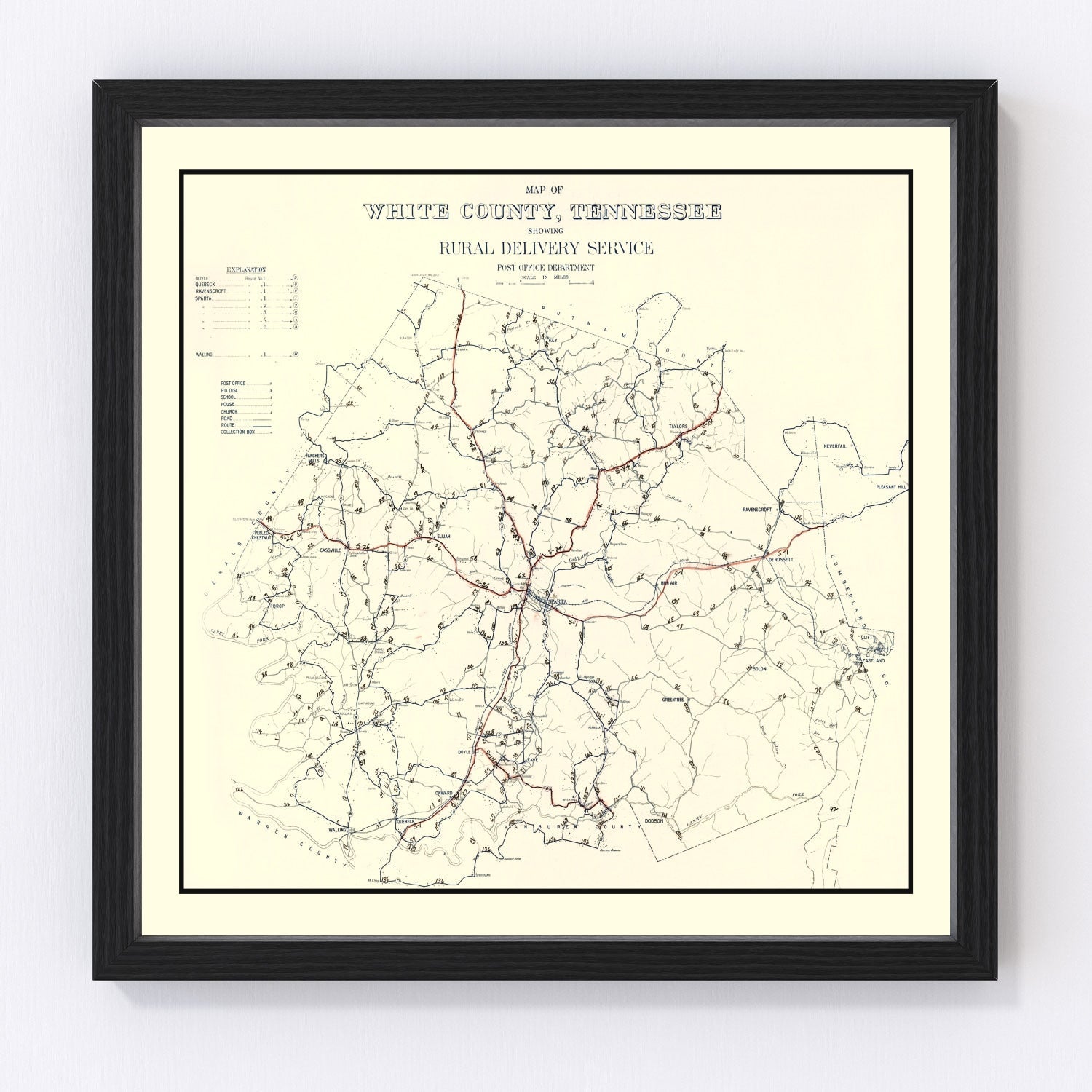 Vintage map of White County, Tennessee, 1936 - Sparta area restored print