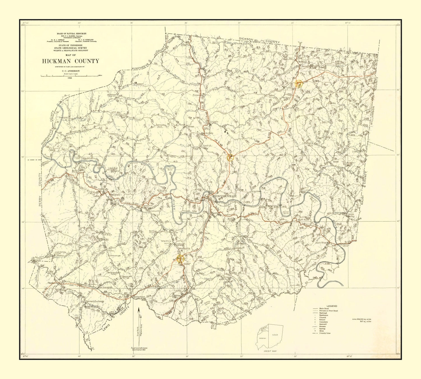 Vintage Map of Hickman County, Tennessee, 1926