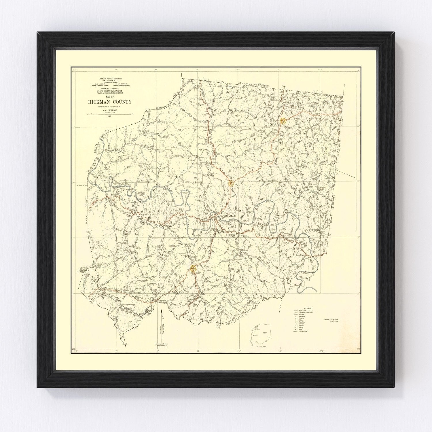 vintage map of Hickman County, Tennessee, 1926