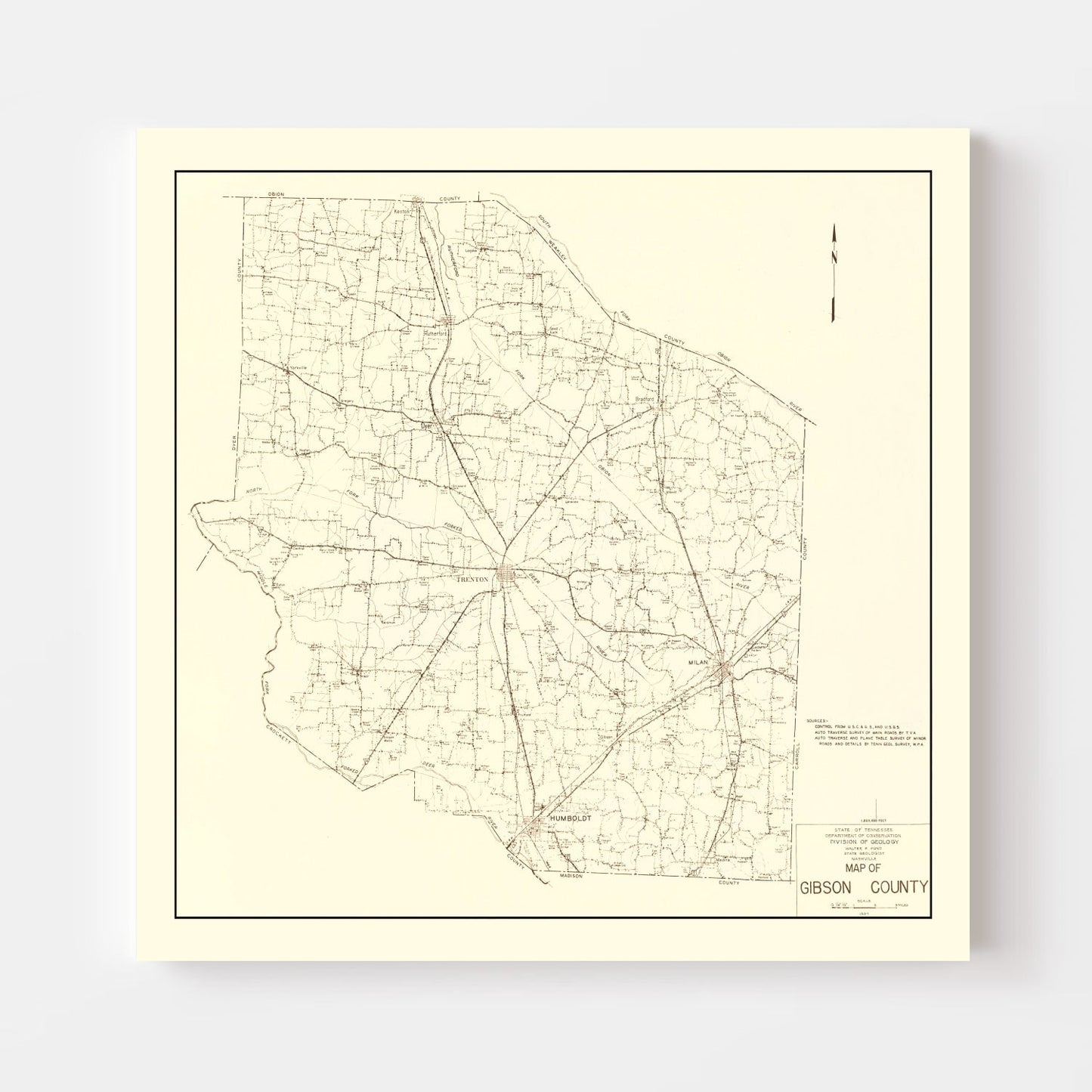 Vintage Map of Gibson County, Tennessee, 1937
