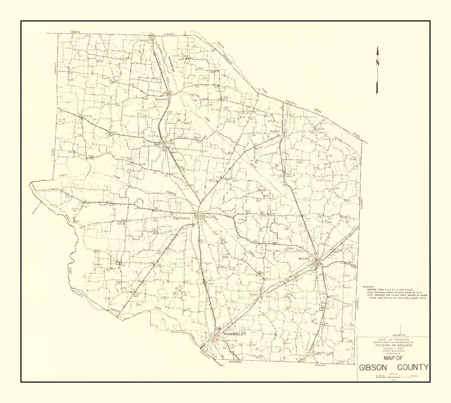 Vintage Map of Gibson County, Tennessee, 1937