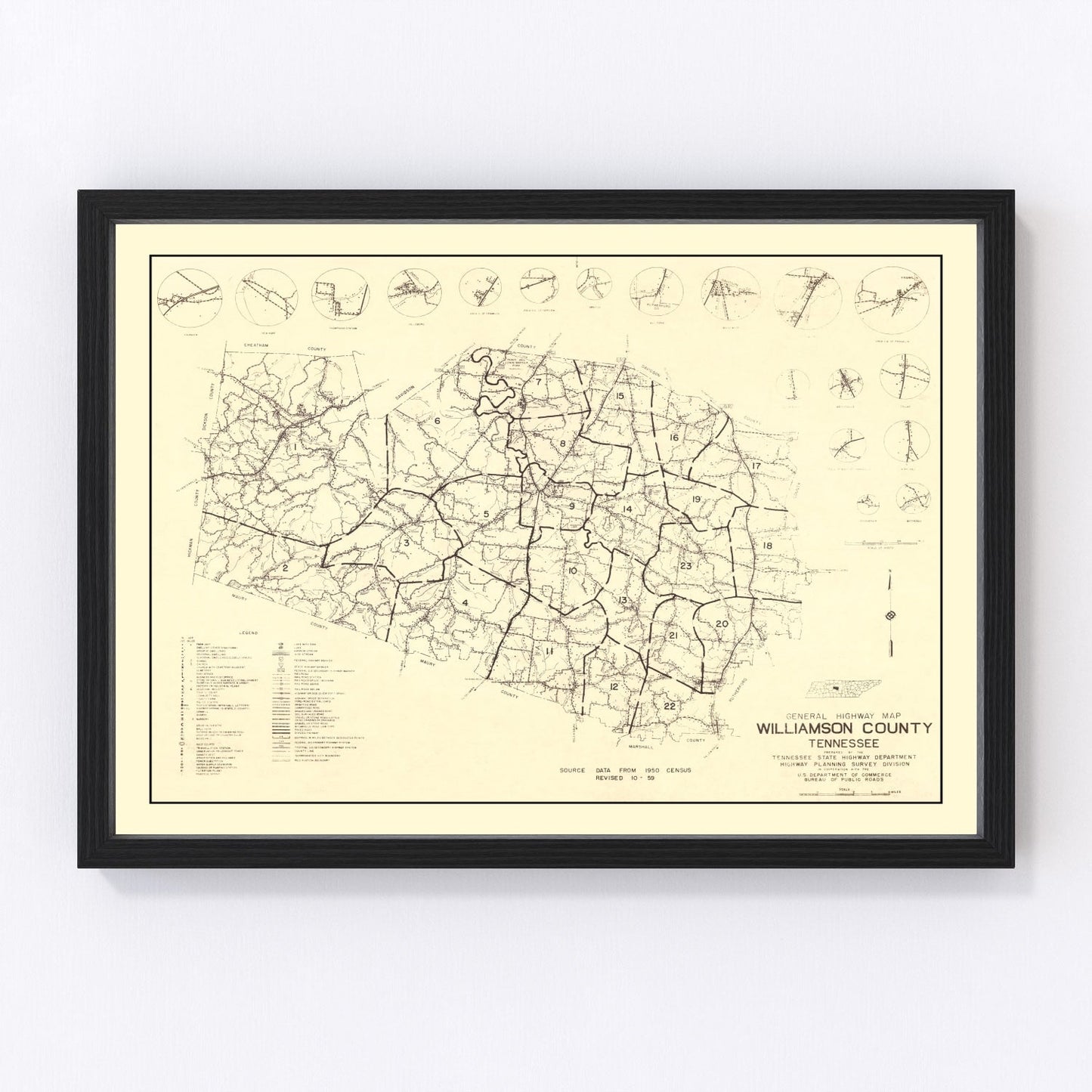 Vintage map of Williamson County, Tennessee, 1959 - restored cartographic print