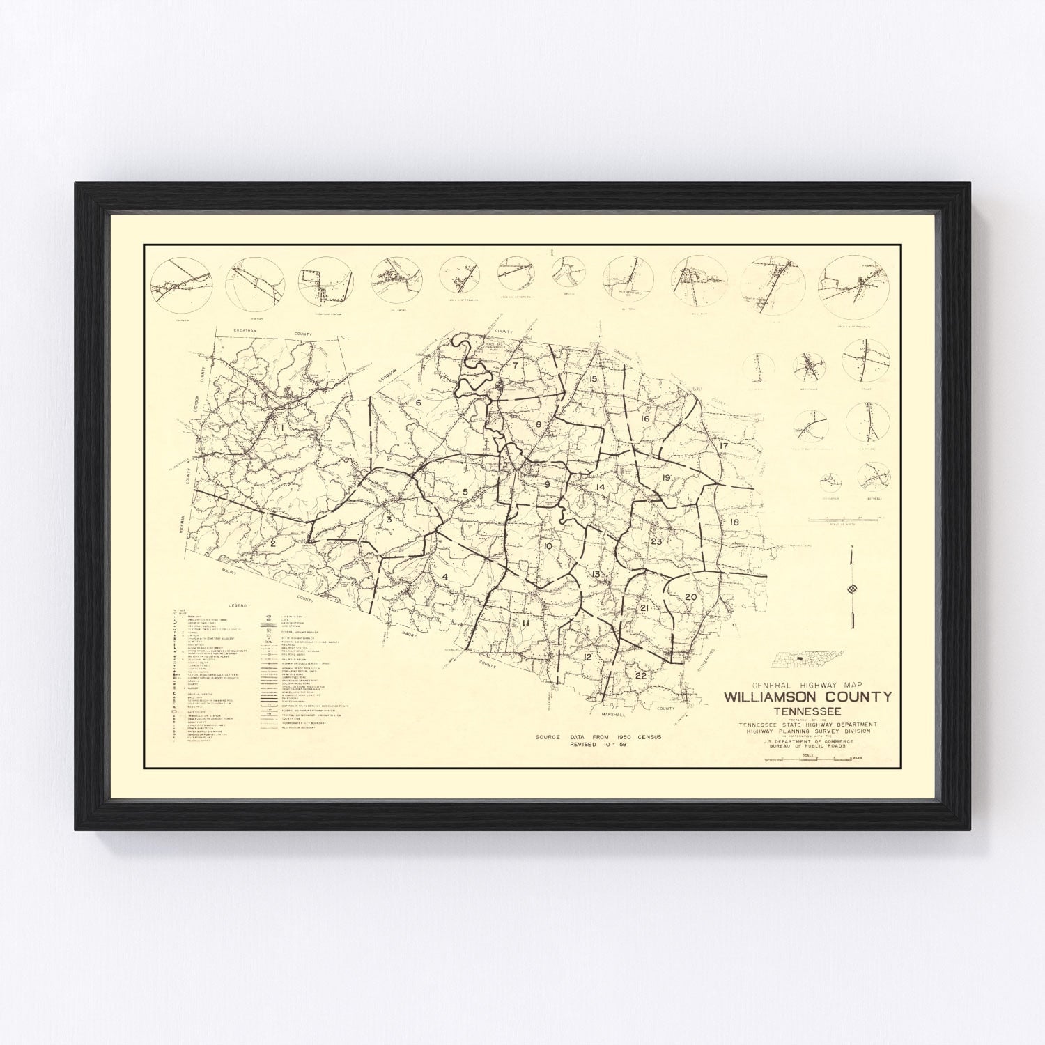 Vintage map of Williamson County, Tennessee, 1959 - restored cartographic print