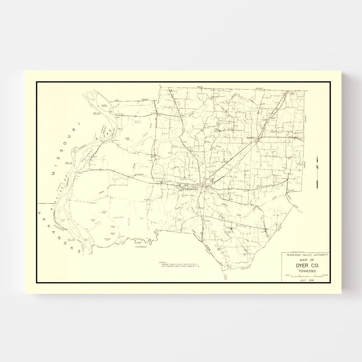 Vintage Map of Dyer County, Tennessee, 1936