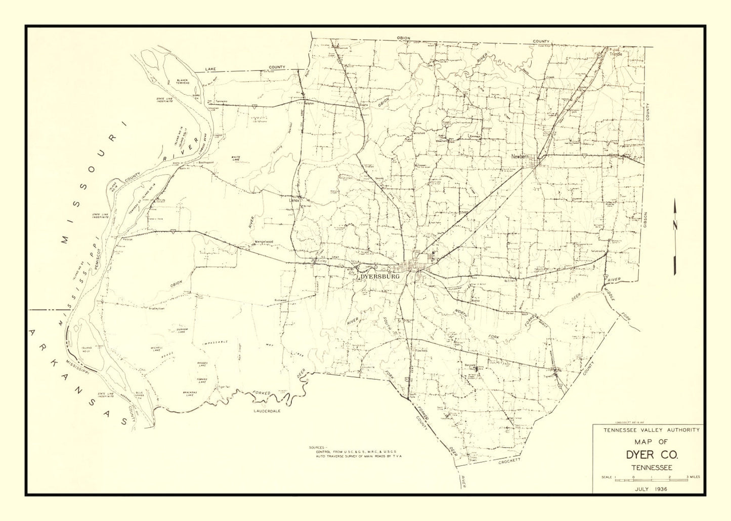Vintage Map of Dyer County, Tennessee, 1936