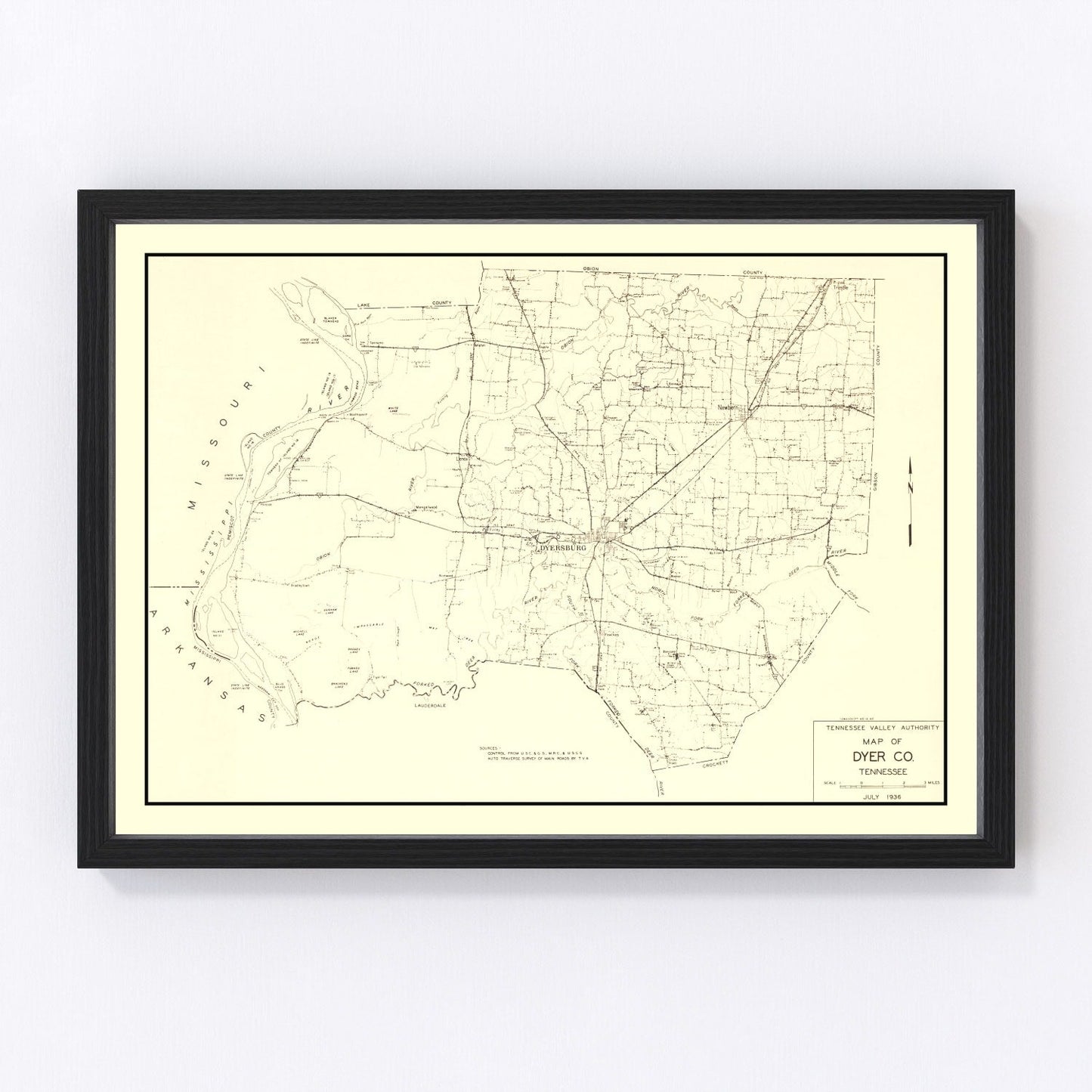 Vintage map of Dyer County, Tennessee, 1936