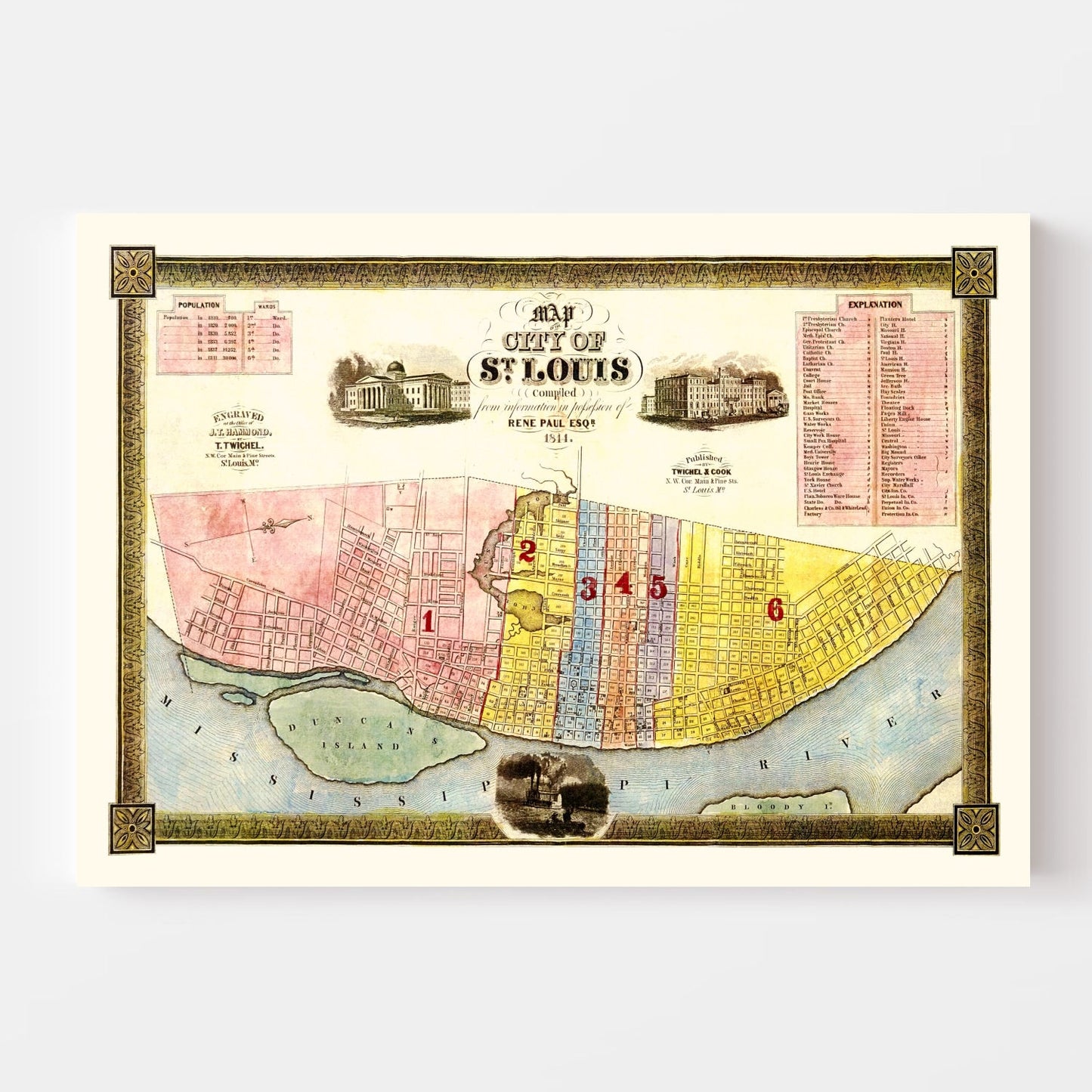 Vintage Map of Saint Louis, Missouri, 1844