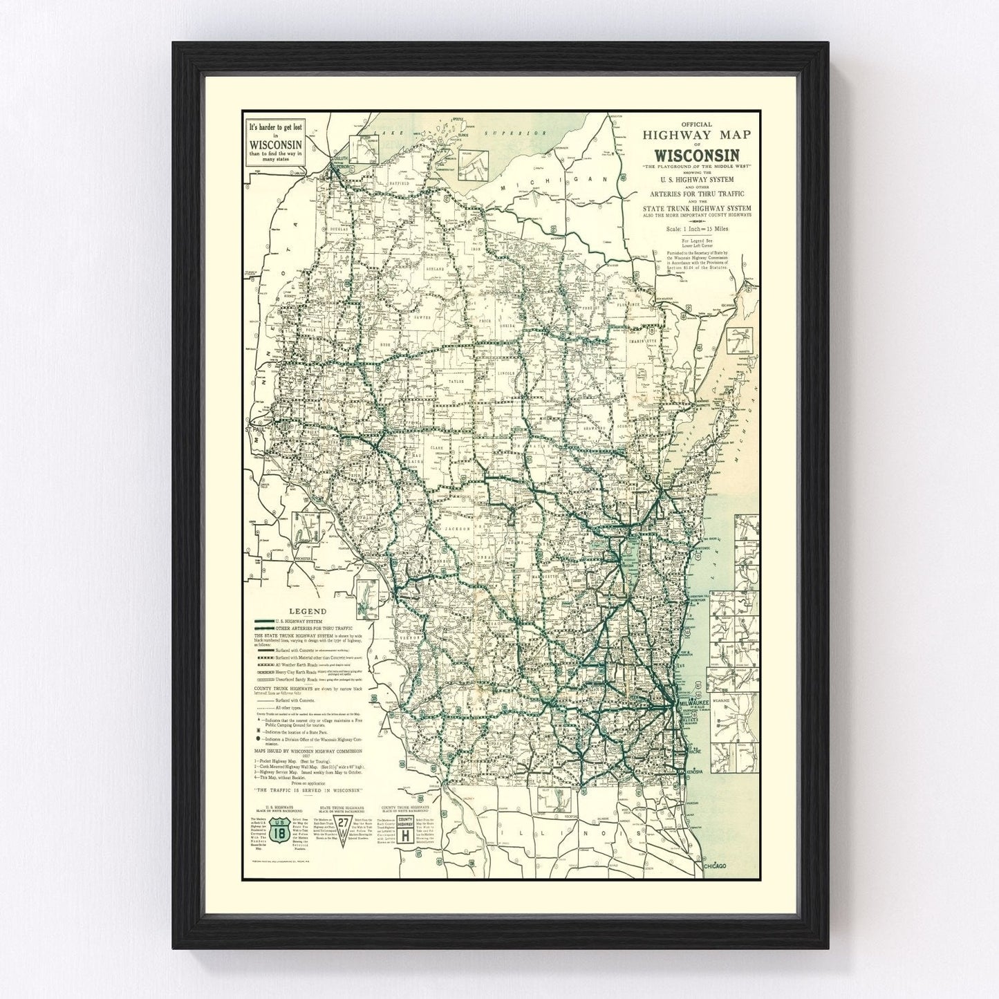 Vintage map of Wisconsin state, 1927, Roaring Twenties era restored
