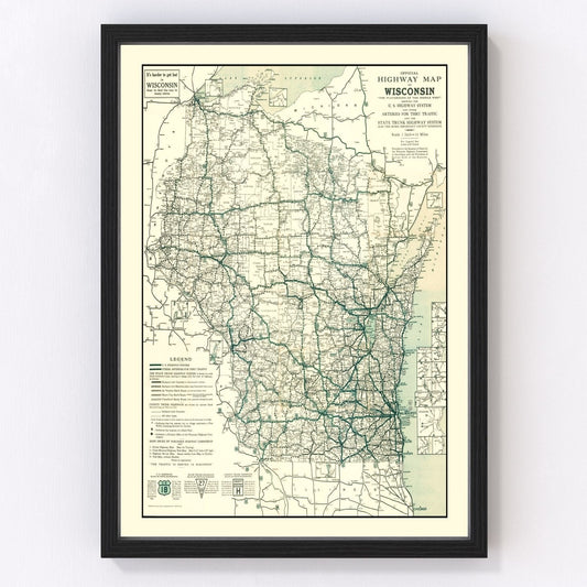 Vintage map of Wisconsin state, 1927, Roaring Twenties era restored