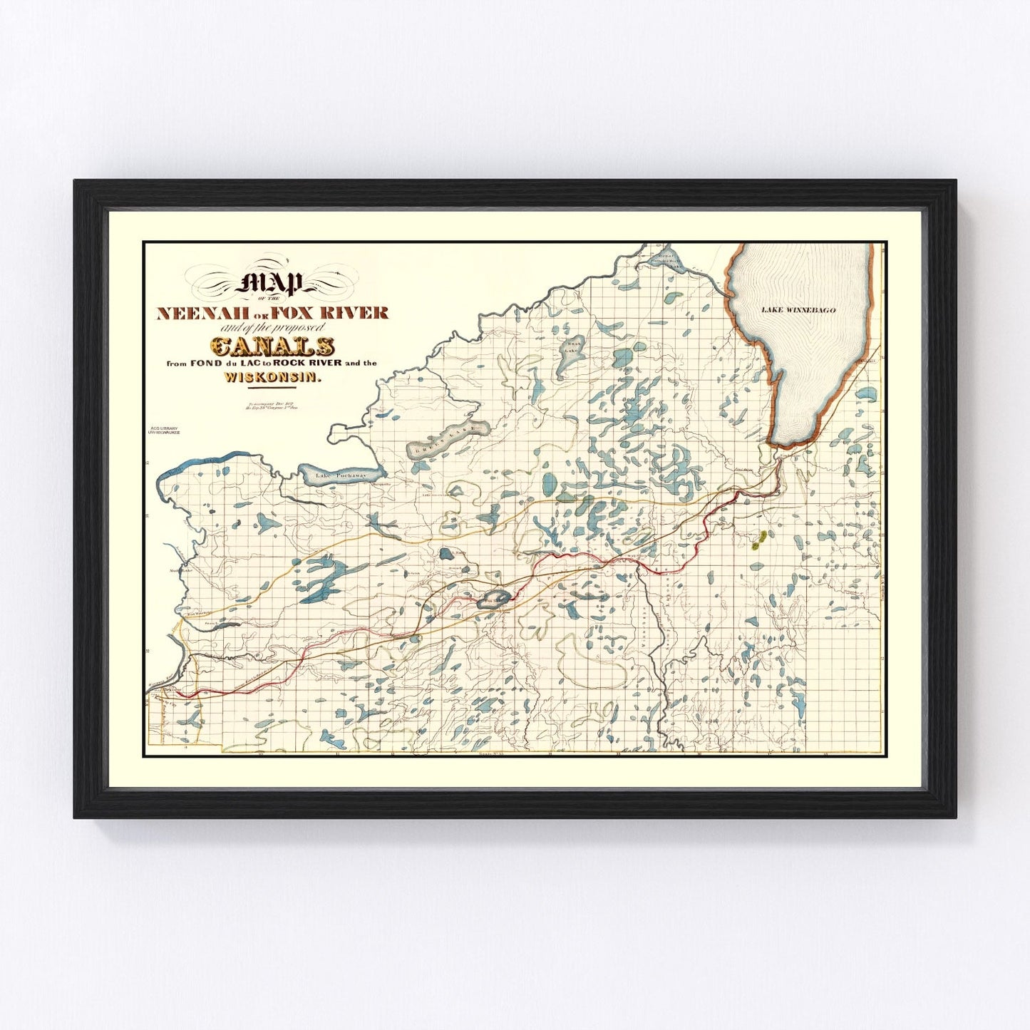 Restored vintage map of the Fox River, Wisconsin, 1839