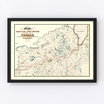Restored vintage map of the Fox River, Wisconsin, 1839