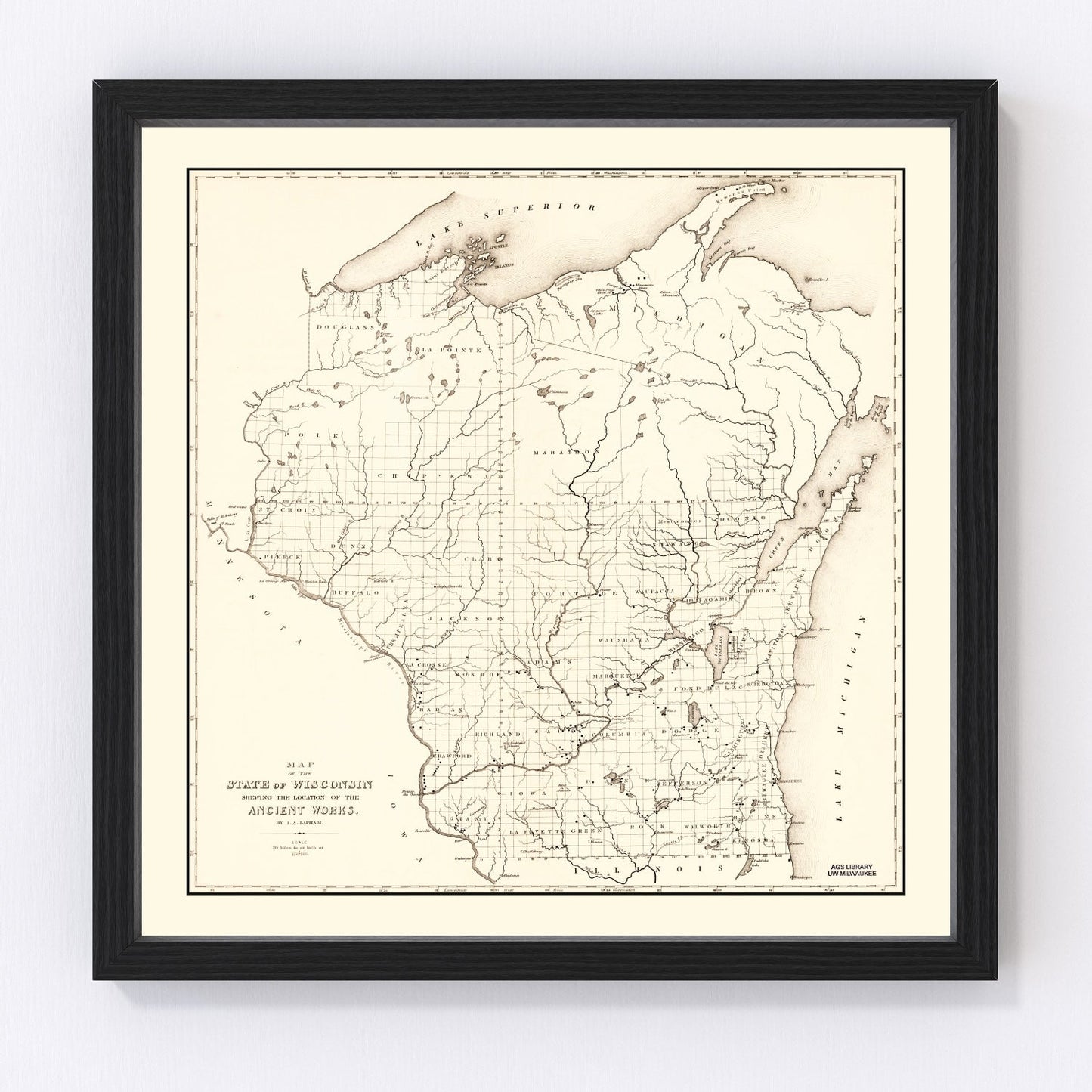Vintage map of Wisconsin state, 1855, early statehood restored