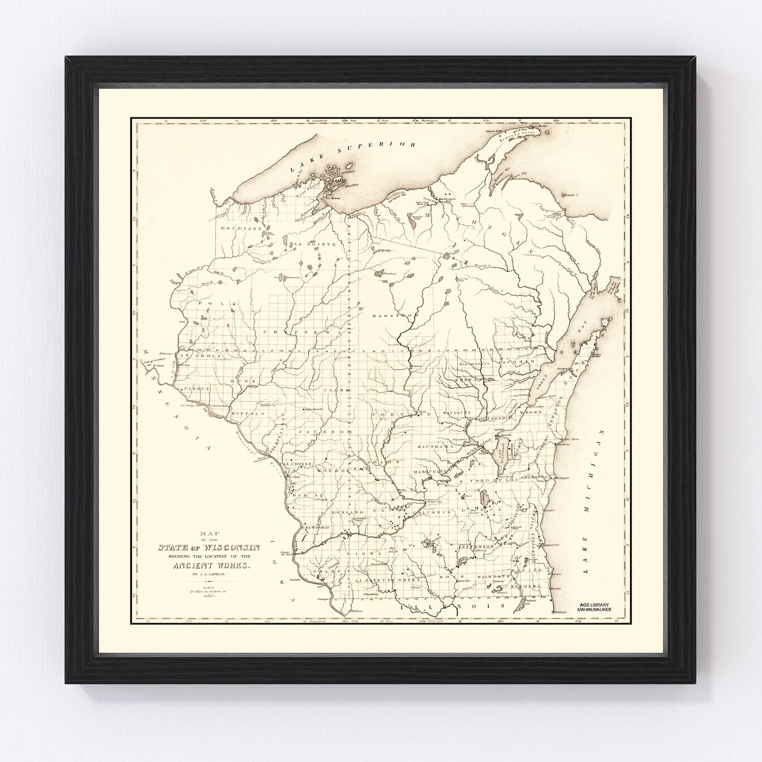 Vintage map of Wisconsin state, 1855, early statehood restored