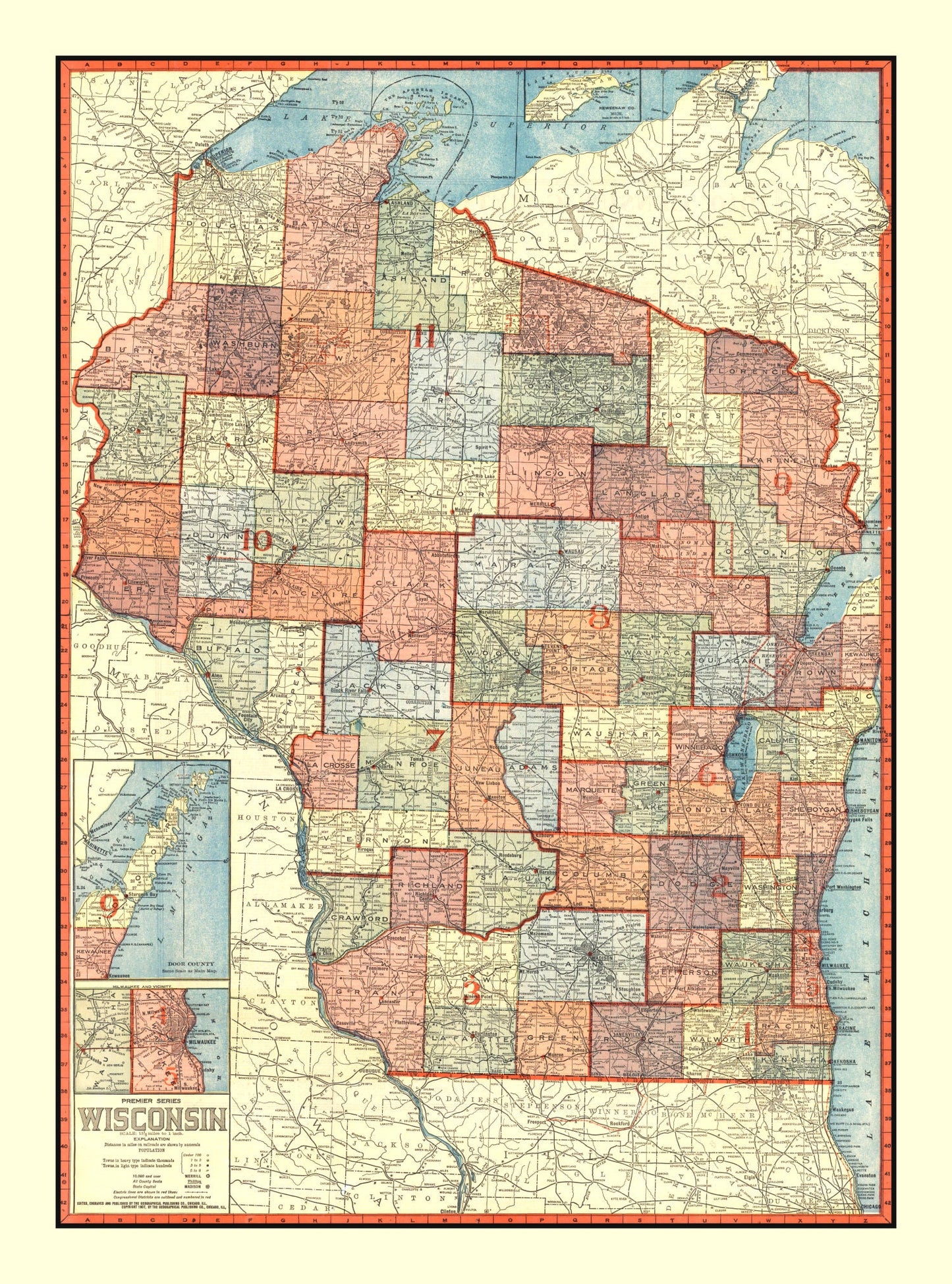 Vintage Map of Wisconsin, 1907