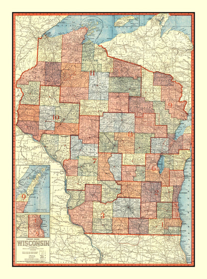Vintage Map of Wisconsin, 1907