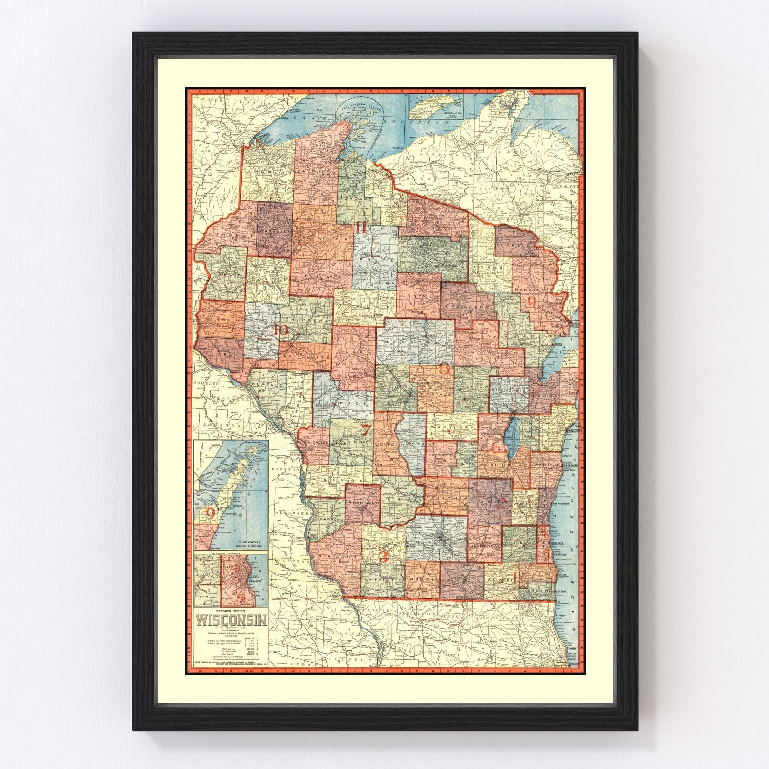 Vintage map of Wisconsin state, 1907, Edwardian era restored
