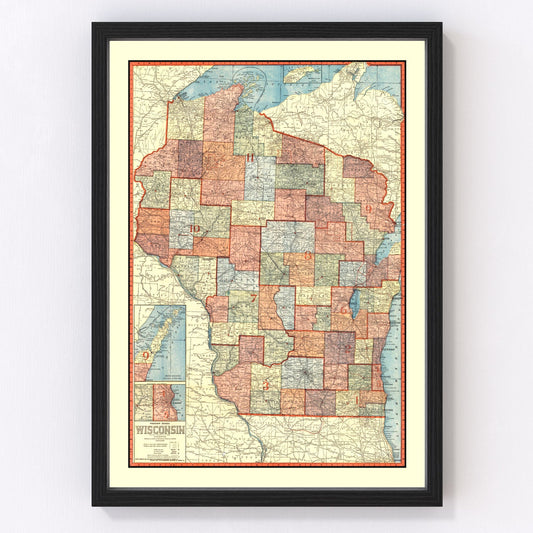Vintage map of Wisconsin state, 1907, Edwardian era restored