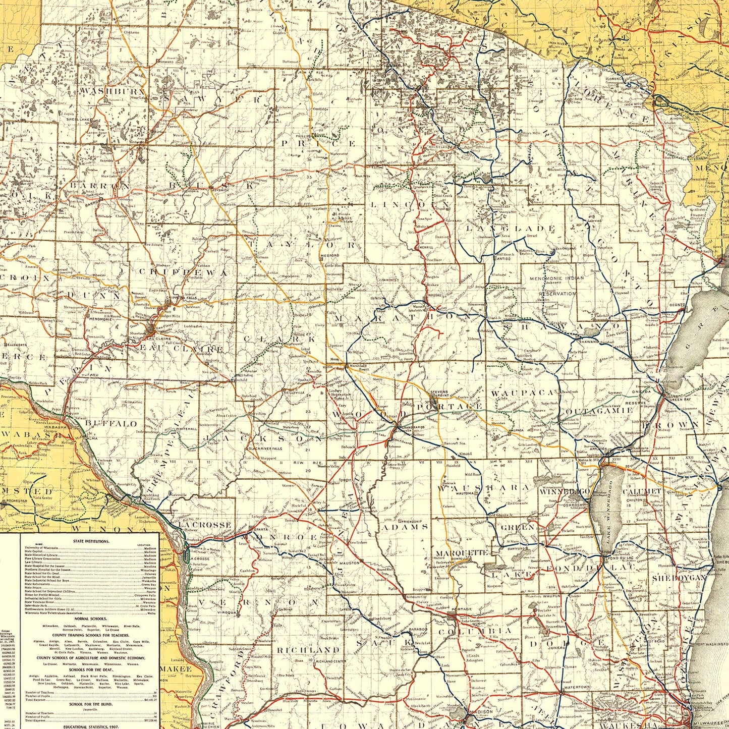 Vintage Railroad Map of Wisconsin, 1908