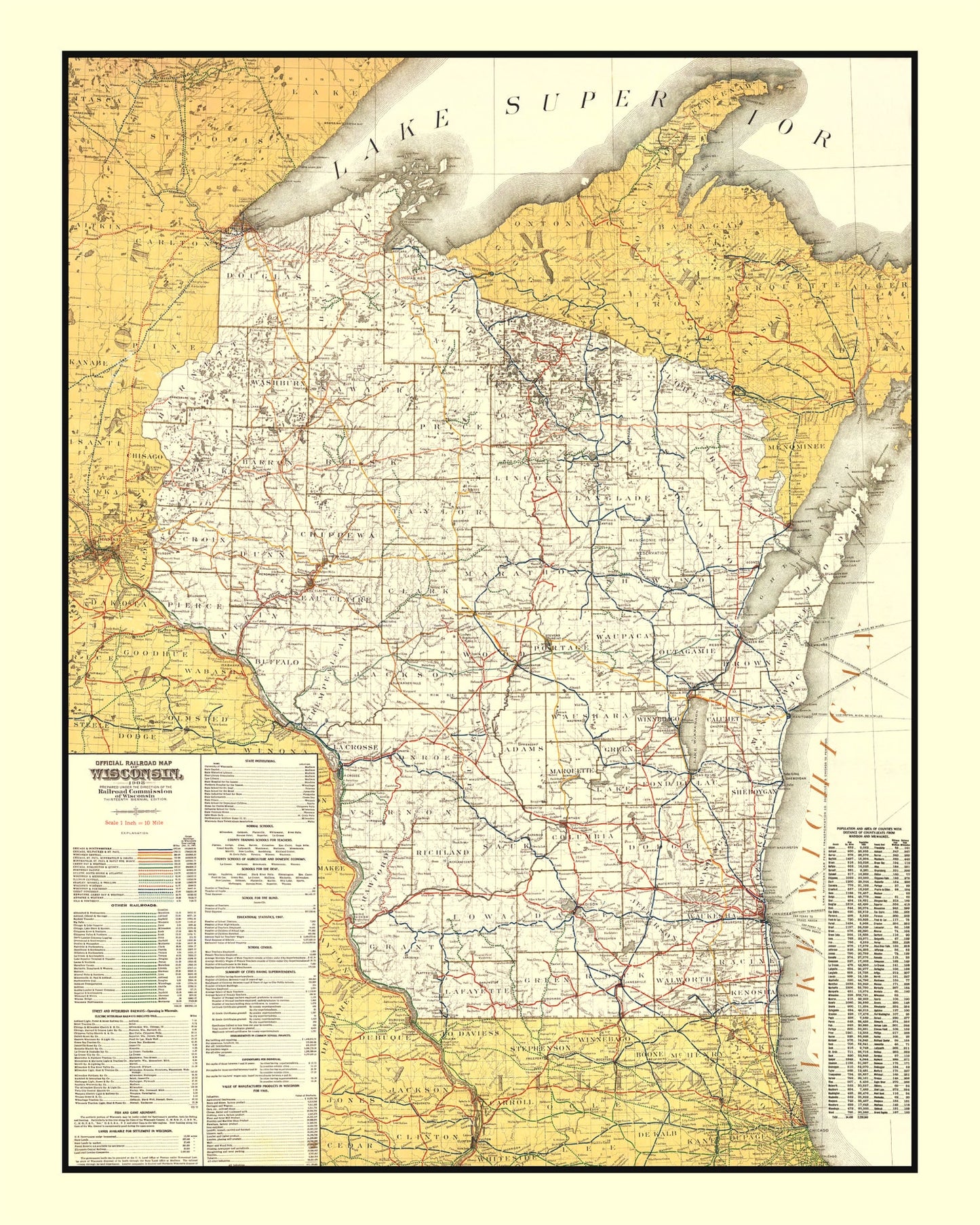 Vintage Railroad Map of Wisconsin, 1908