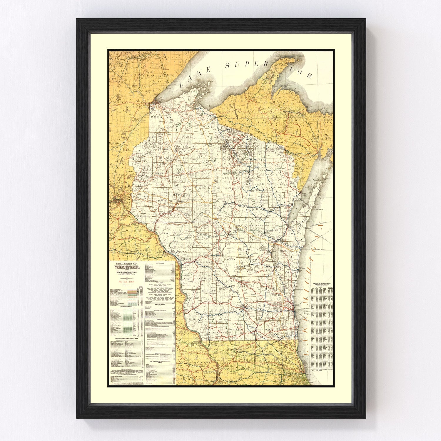 Vintage 1908 railroad map of Wisconsin showing rail lines and stations, restored print