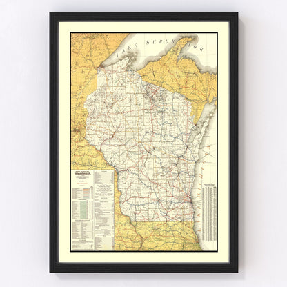 Vintage 1908 railroad map of Wisconsin showing rail lines and stations, restored print