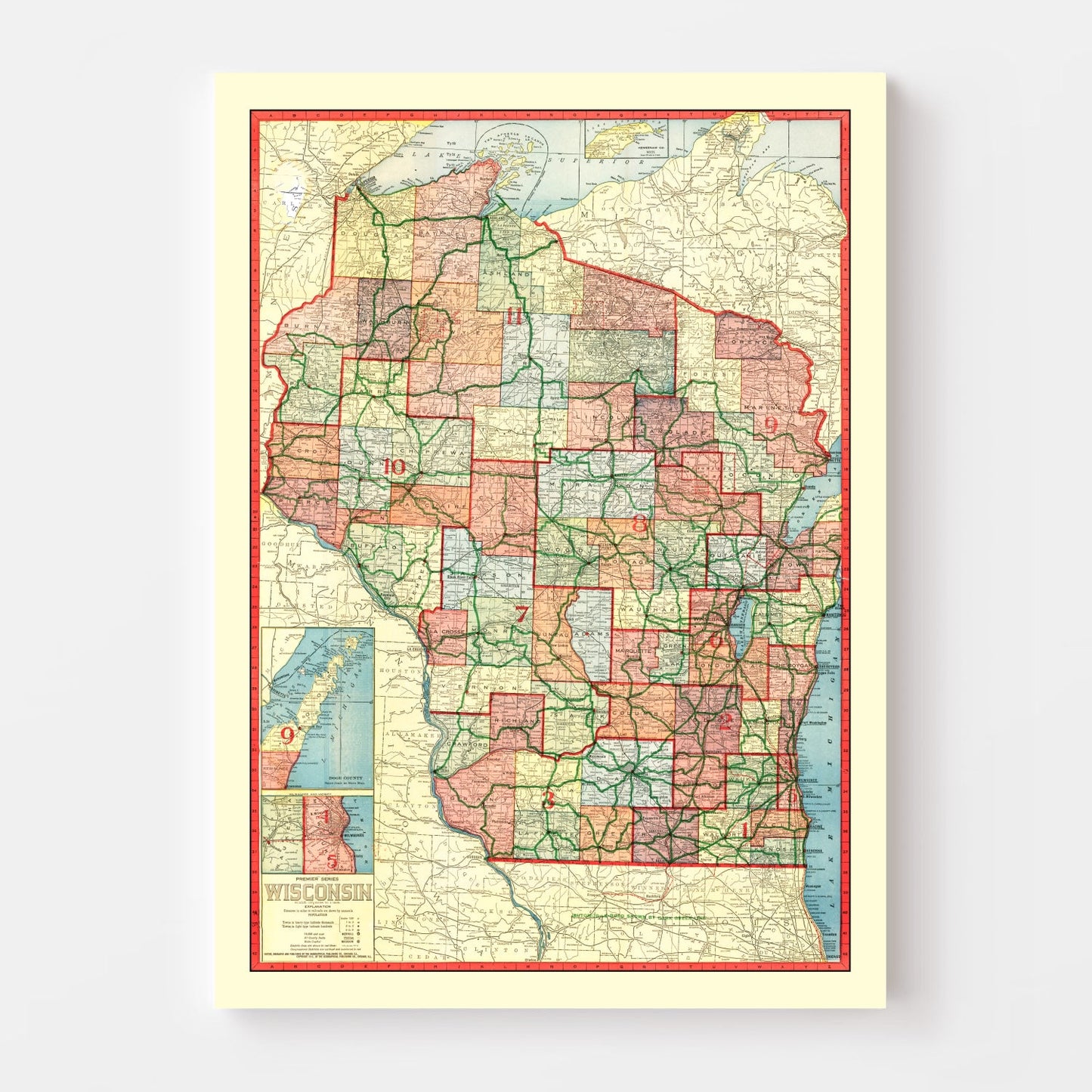 Vintage Map of Wisconsin, 1913