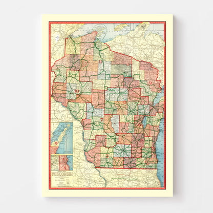 Vintage Map of Wisconsin, 1913