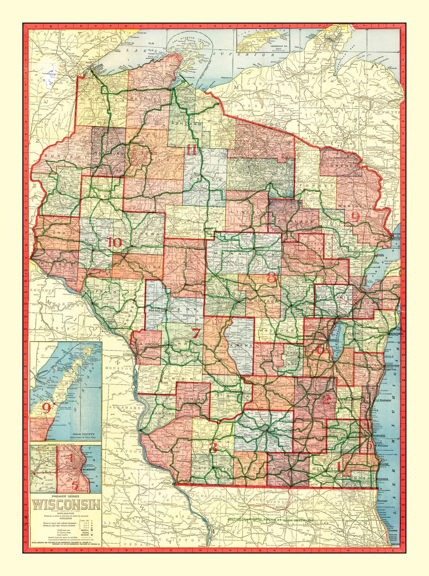 Vintage Map of Wisconsin, 1913