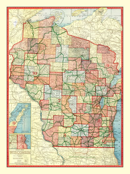Vintage Map of Wisconsin, 1913