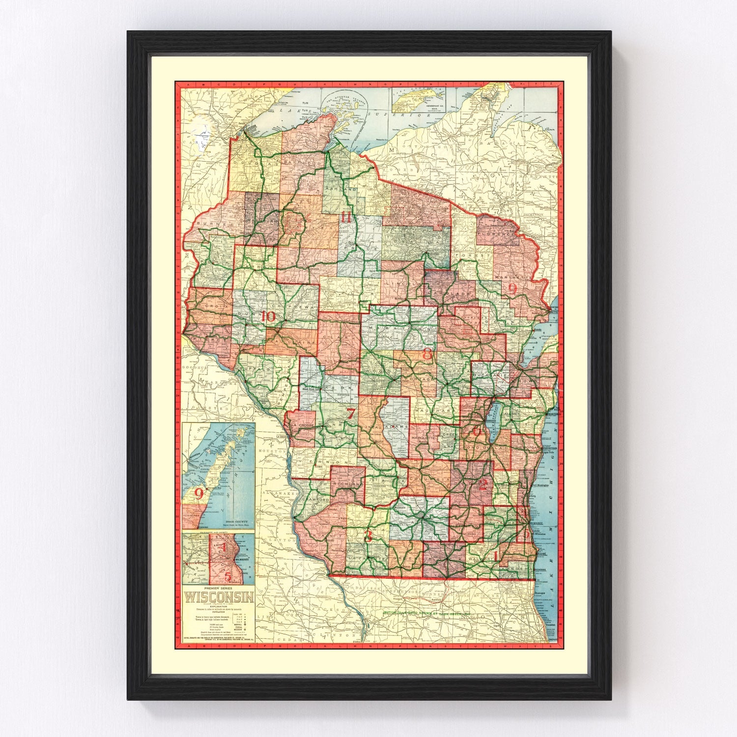 Vintage map of Wisconsin state, 1913, early 20th century restored