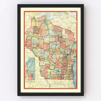 Vintage map of Wisconsin state, 1913, early 20th century restored