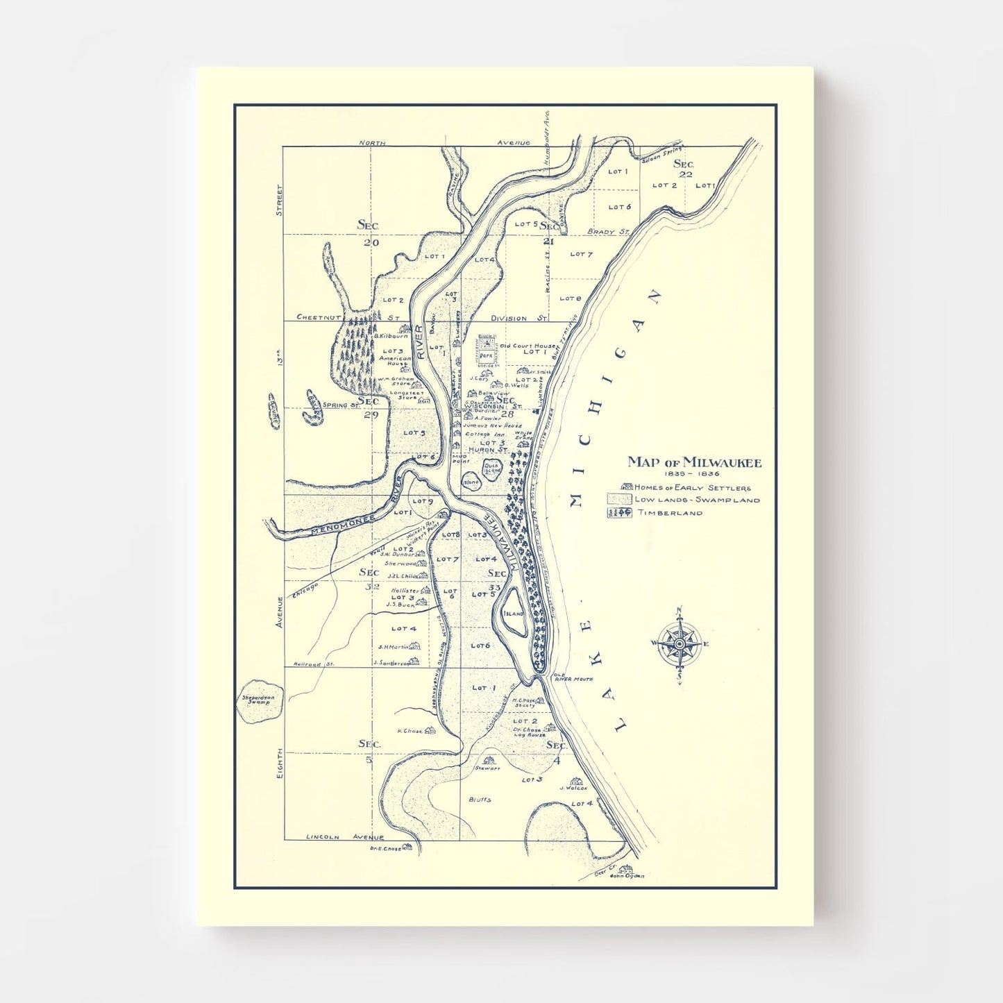 Vintage Map of Milwaukee, Wisconsin, 1836