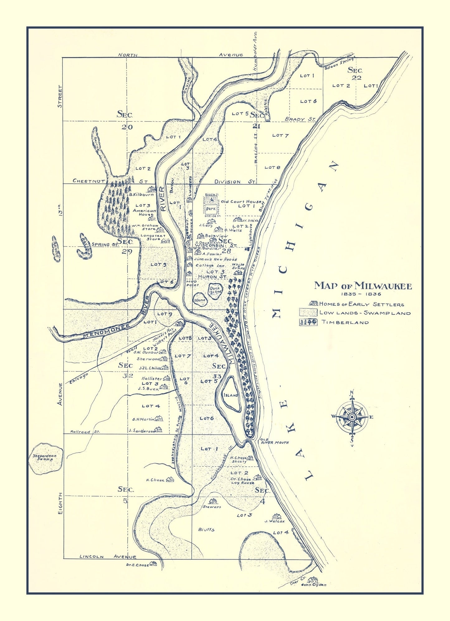 Vintage Map of Milwaukee, Wisconsin, 1836