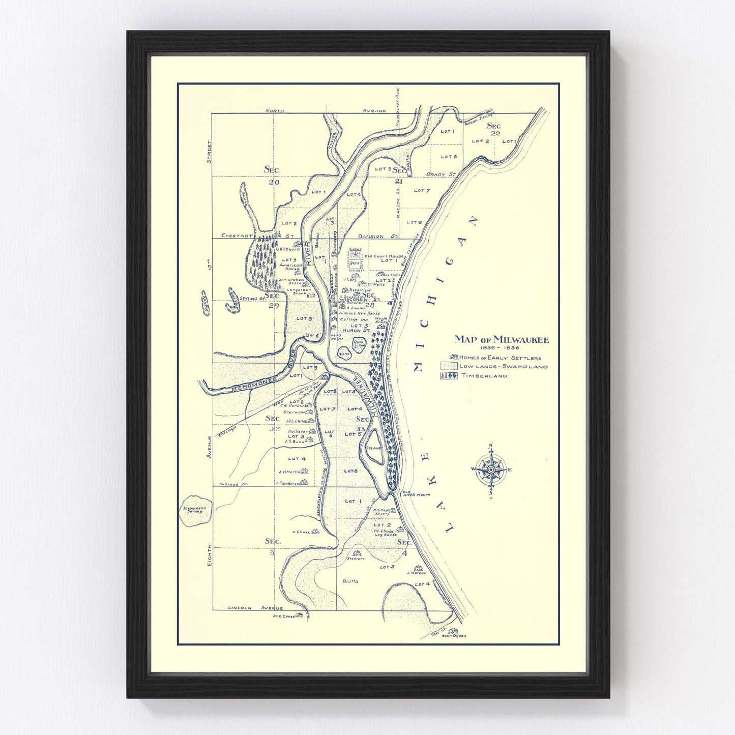 vintage map of Milwaukee, Wisconsin, 1836