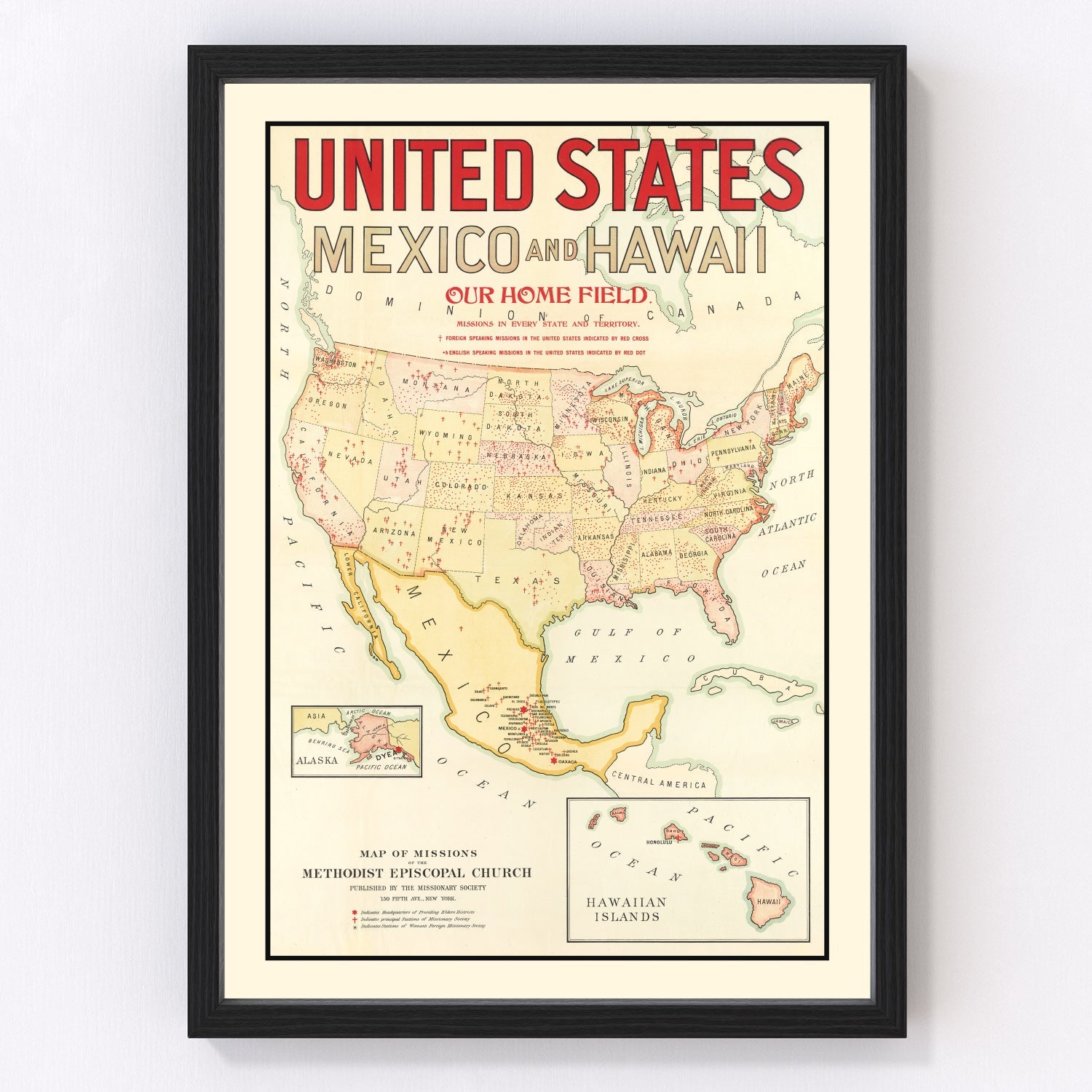 Vintage 1898 map of Methodist Episcopal Church missions worldwide, restored cartographic print
