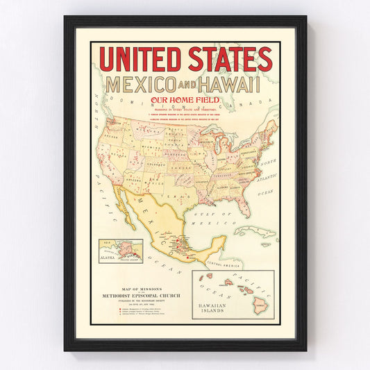 Vintage 1898 map of Methodist Episcopal Church missions worldwide, restored cartographic print