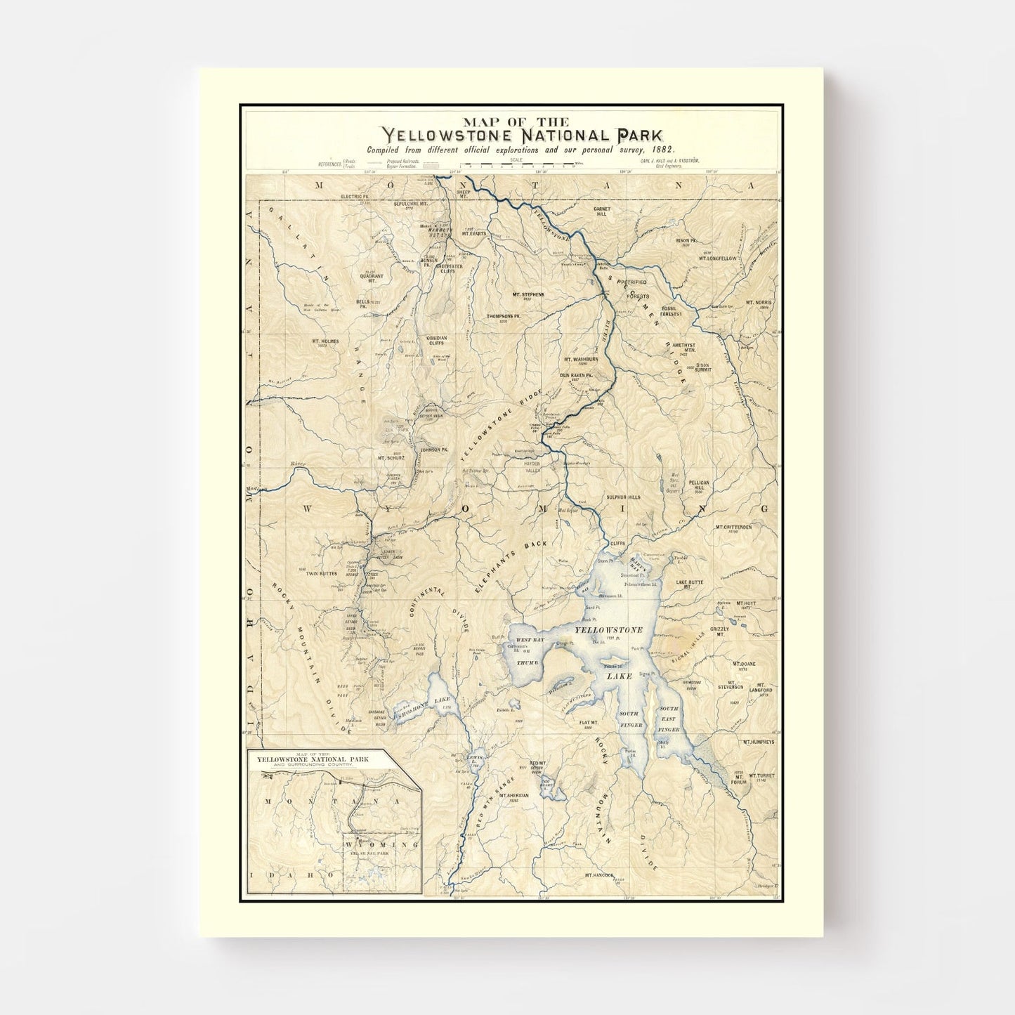 Vintage Map of Yellowstone National Park, 1882